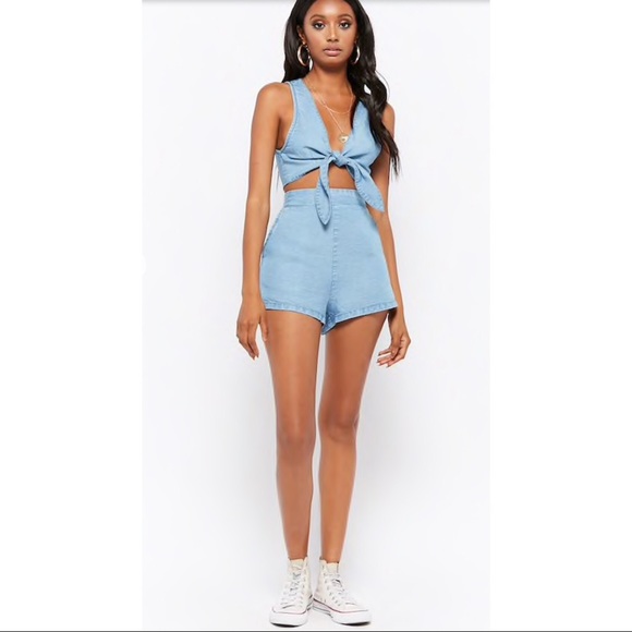 Knotted Chambray Crop Top, Size S - Picture 2 of 4